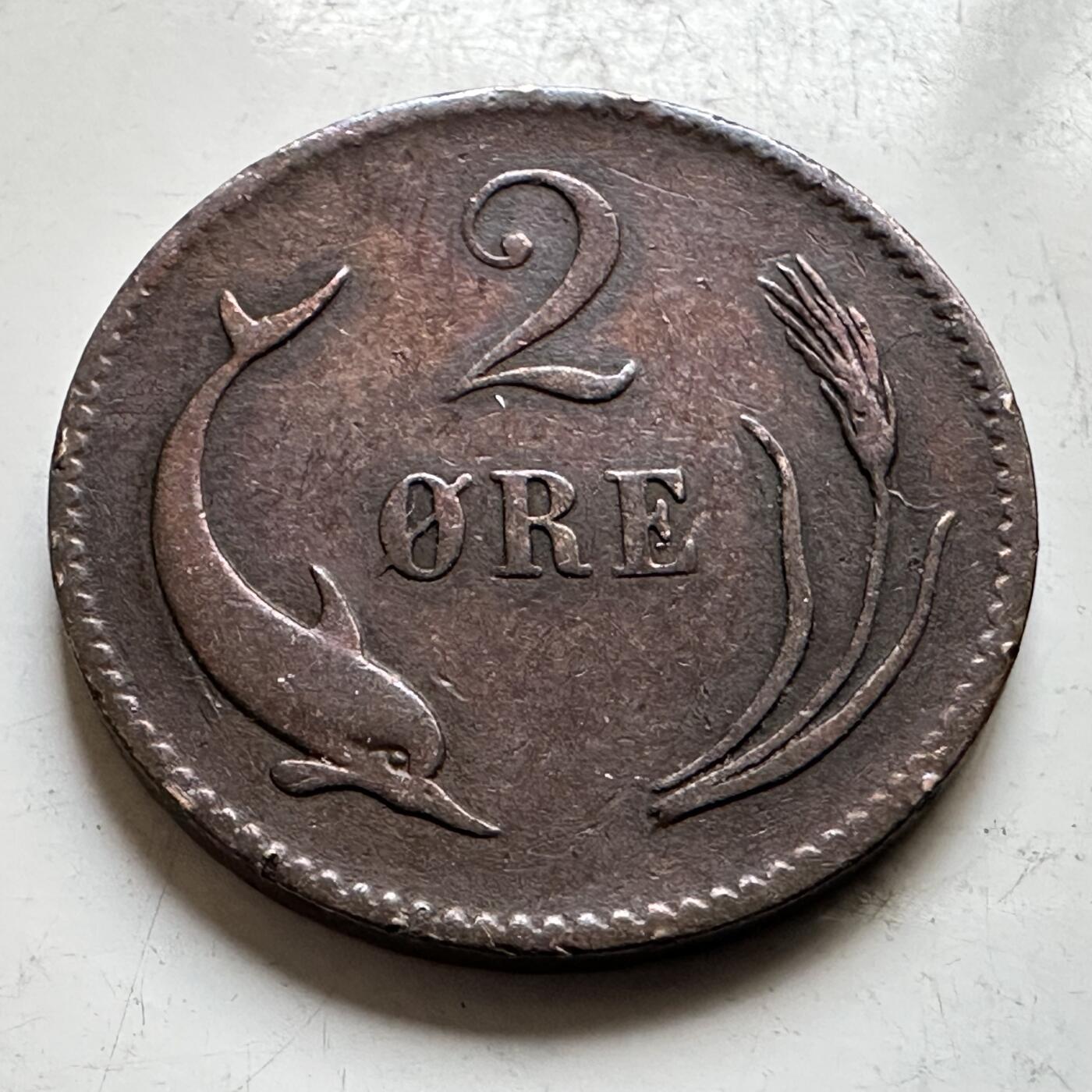 🌹外币初藏🌹🐯2026年第34场   每周二四六晚8️⃣点 接代拍 丹麦 1874年 2欧尔铜币 海豚麦穗