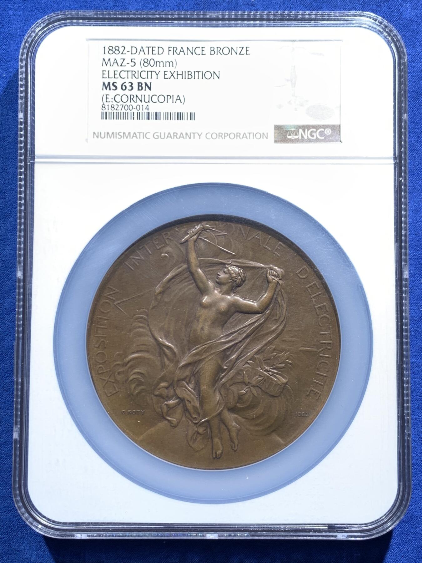 《竞宝斋》第474场 周日，周一 2场连拍 （全场包邮）欢迎送拍 NGC MS63BN 1882年法国电力展览铜章，罕见Roty大师作品，高分评级，见证工业革命电力时代，收藏意义独特。加大加厚盒