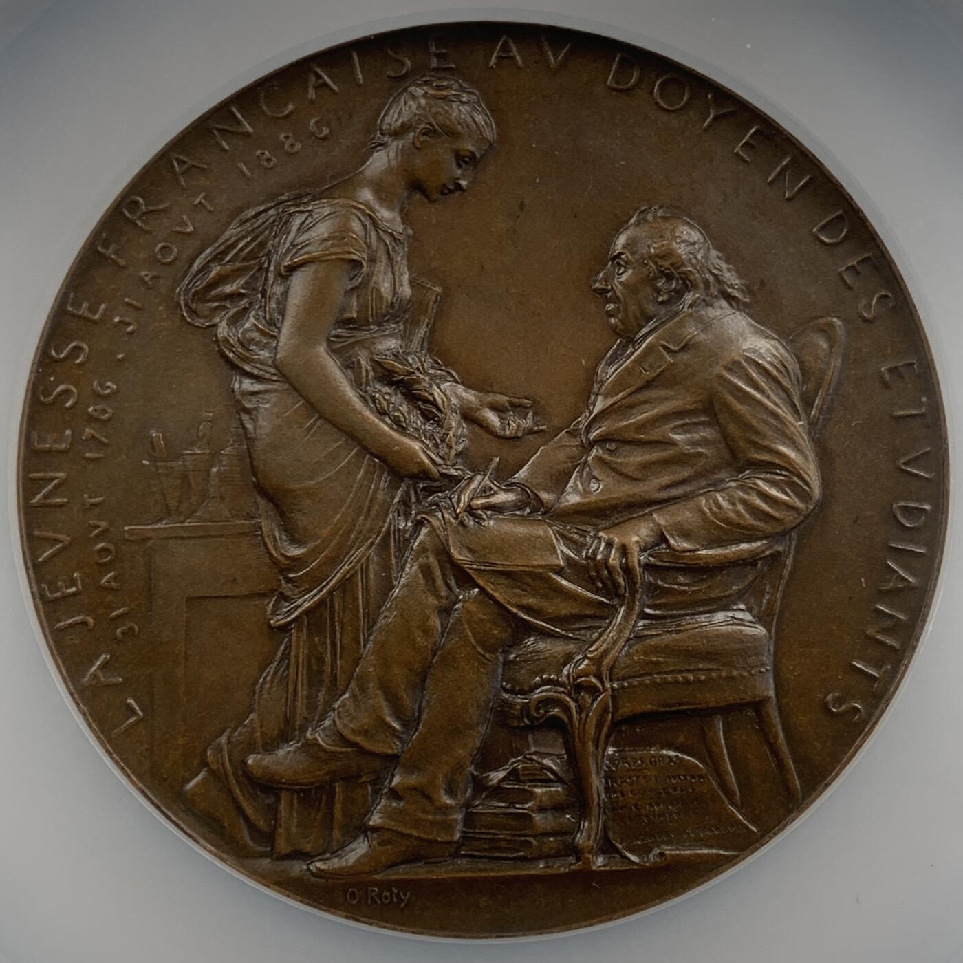 掌中浮雕-藏着的欧洲第056场 NGC MS64 : 1886年法国化学家米歇尔·欧仁..谢弗勒尔大铜章，大师奥斯卡.罗蒂（0.Roty），68mm