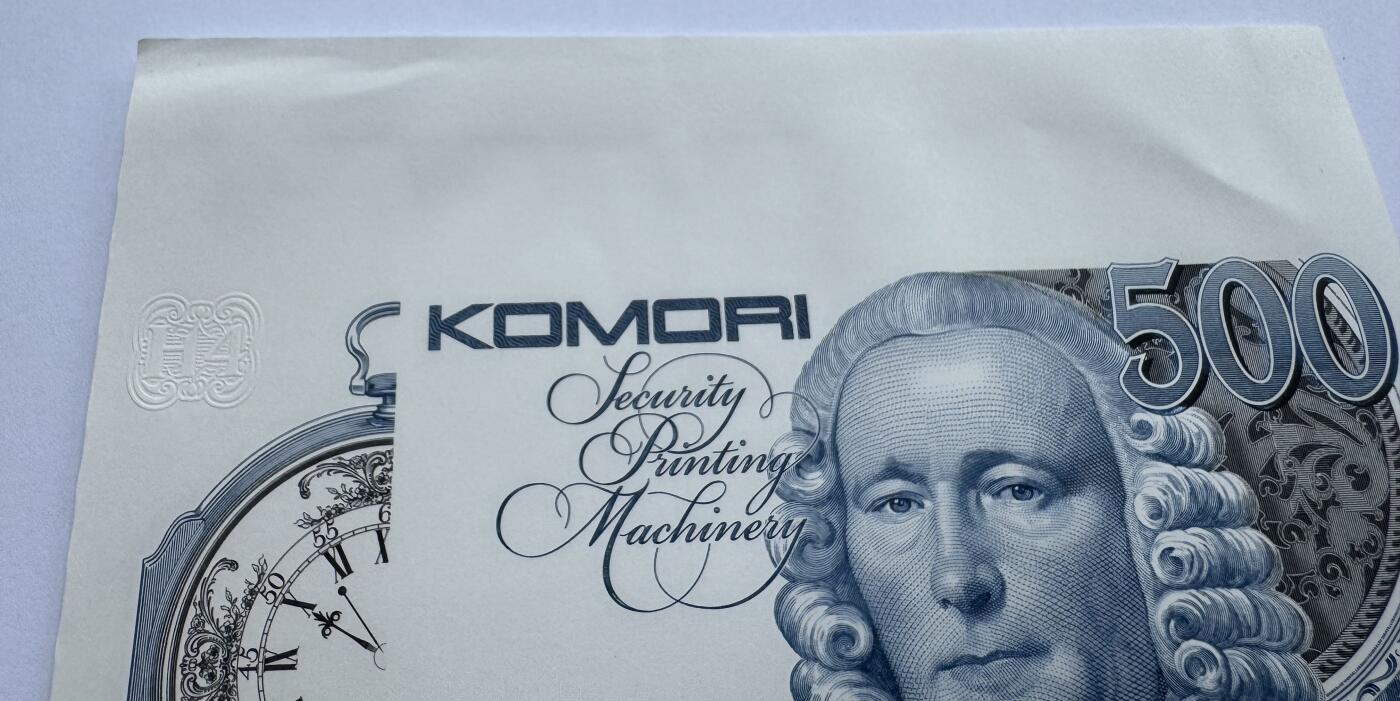 2026第5场（总第232期）：精品测试钞、外钞综合场 二连体带边 日本小森komori“约翰哈里森”H4系列500面额单面凹印测试钞UNC（上边不平整）