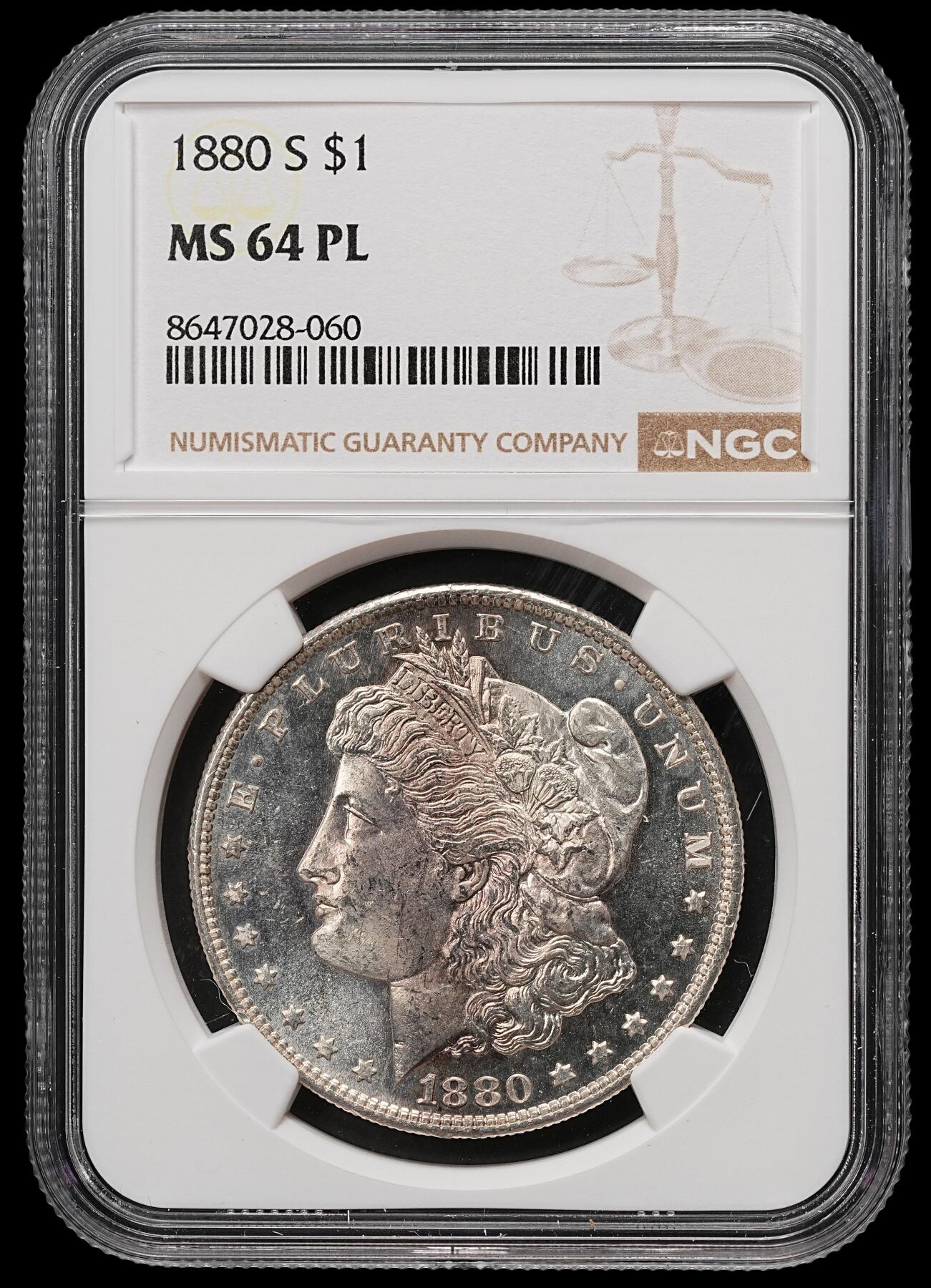 修遠堂世界钱币第109期 NGC MS64PL 1880年美国摩根大银币，S厂铭，少见的类镜面