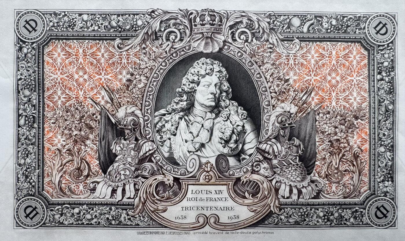 2026第5场（总第232期）：精品测试钞、外钞综合场 法国DES 1938年版“路易十四”广告宣传测试钞原版大尺寸含人像水印（右边不平整）