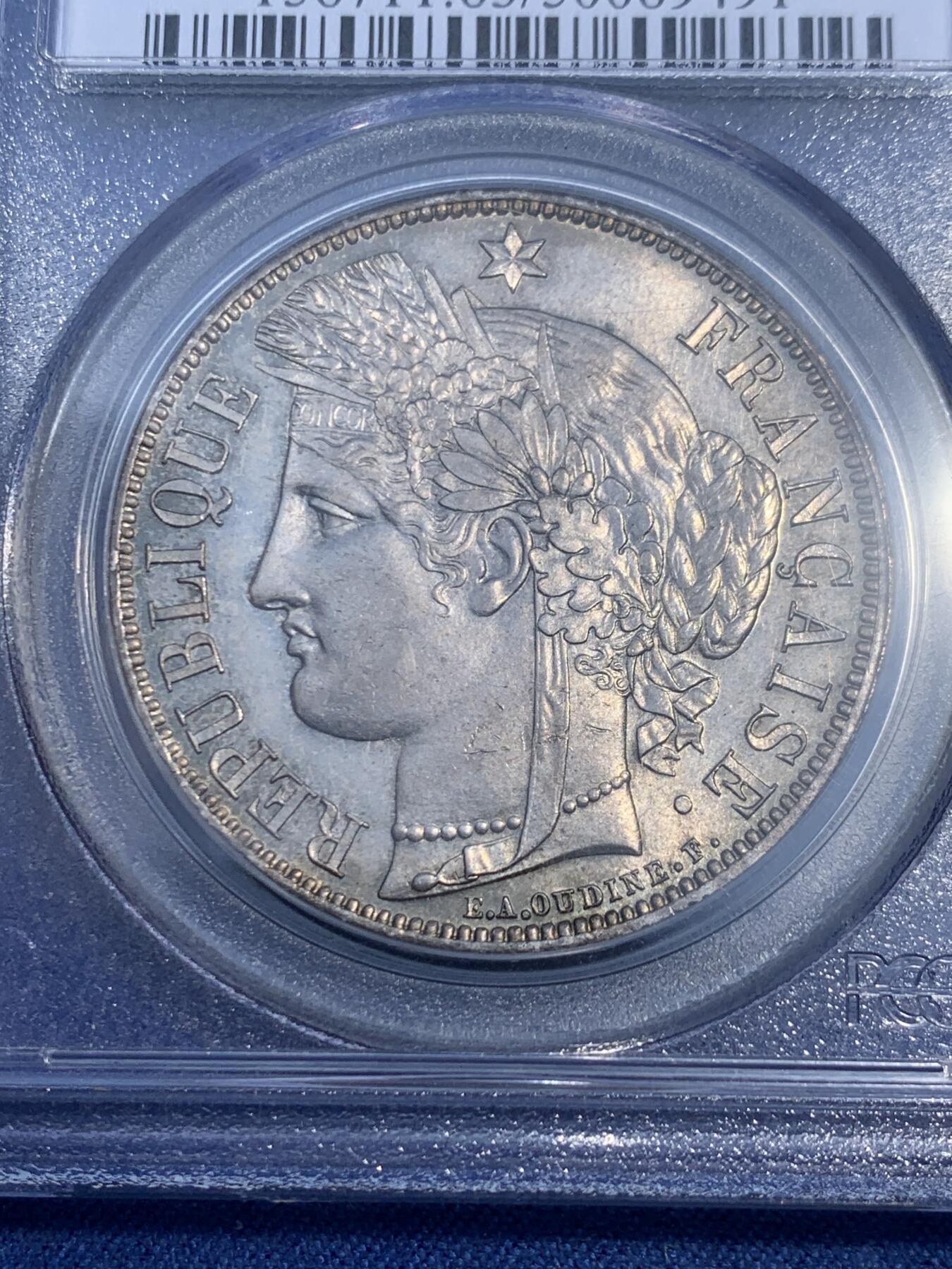 《竞宝斋》第474场 周日，周一 2场连拍 （全场包邮）欢迎送拍 PCGS MS63 法兰西第三共和国 1870A 谷物女神 5法郎 三共女神比二共少得多 此枚铸打精美 包浆老道 整体呈现灰黑色调