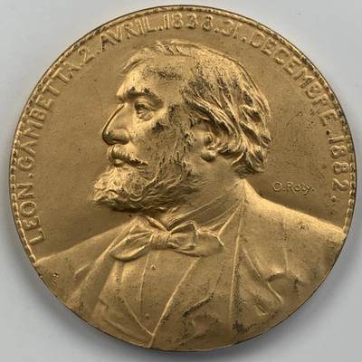 掌中浮雕-藏着的欧洲第056场 - 1882年法国政治家莱昂·甘必大（Léon Gambetta）逝世纪念镀金铜章，68mm，大师罗蒂作品