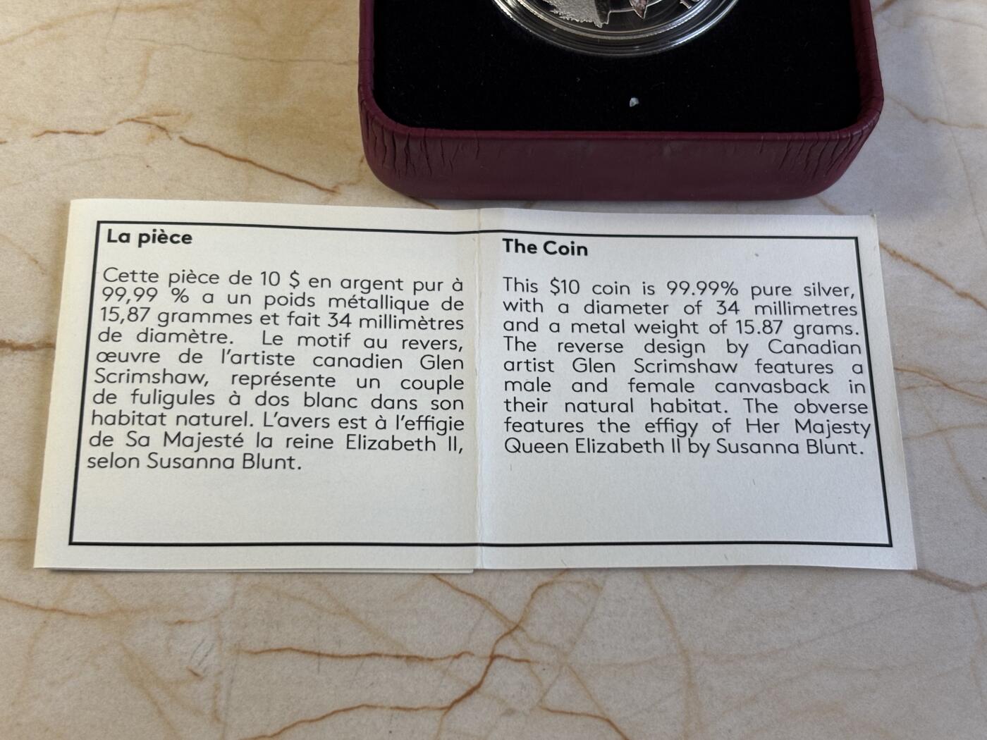 第195期拍卖 加拿大2016年野鸭系列Canvasback半盎司彩色银币，9999银，15.87克，发行10000枚