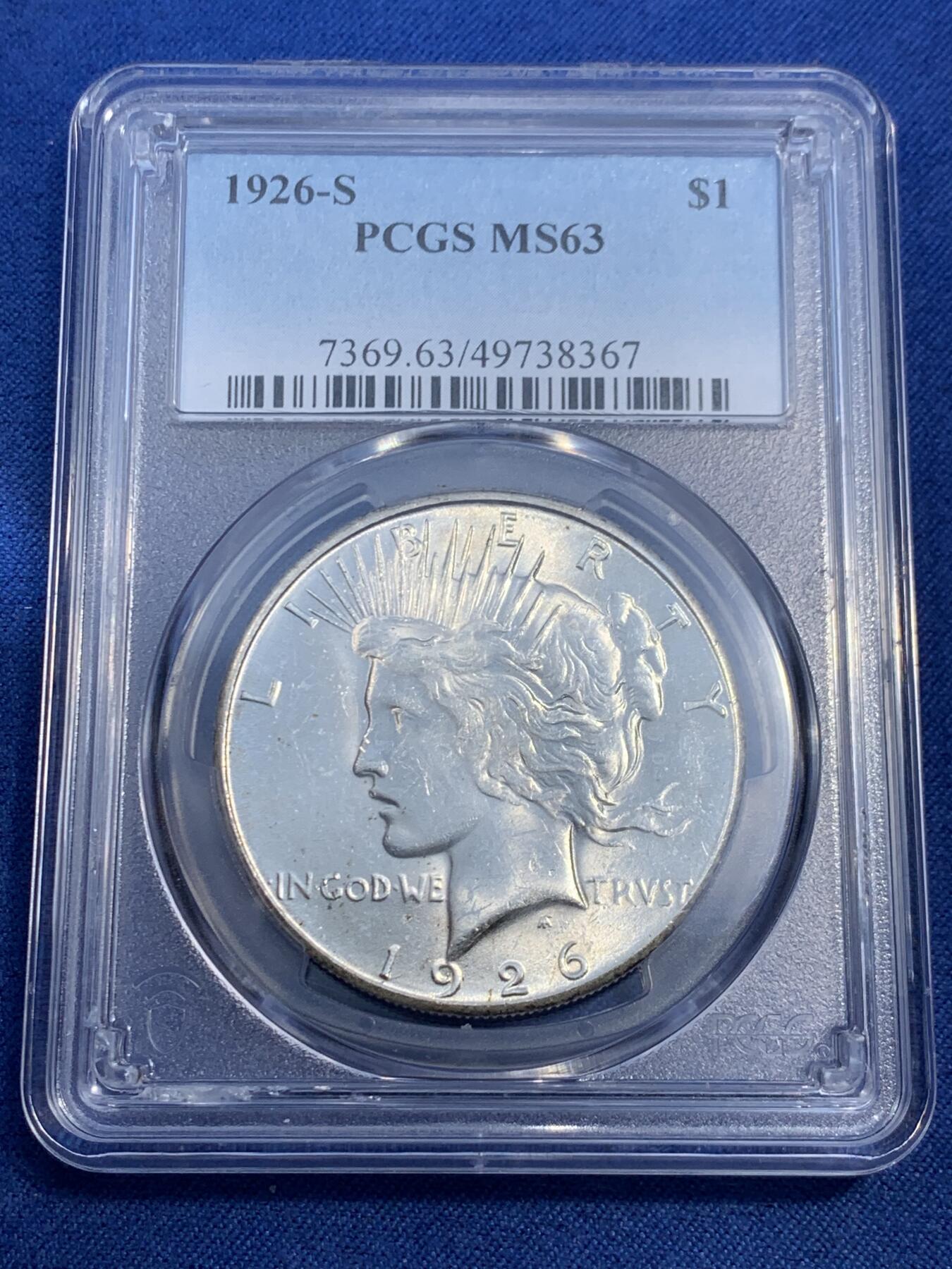 《竞宝斋》第474场 周日，周一 2场连拍 （全场包邮）欢迎送拍 PCGS MS63 美国1926 S 和平银币 稀有年份版别 中国市场少见 转光犀利 打制精细 值得收藏 盒子支撑有磕