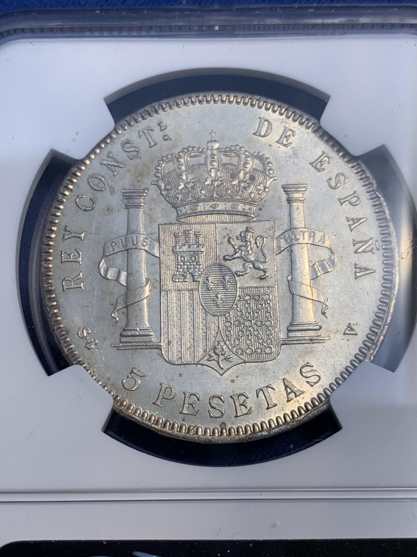 《竞宝斋》第474场 周日，周一 2场连拍 （全场包邮）欢迎送拍 NGC UNCD 西班牙1899年阿方索少年头5比塞塔银币