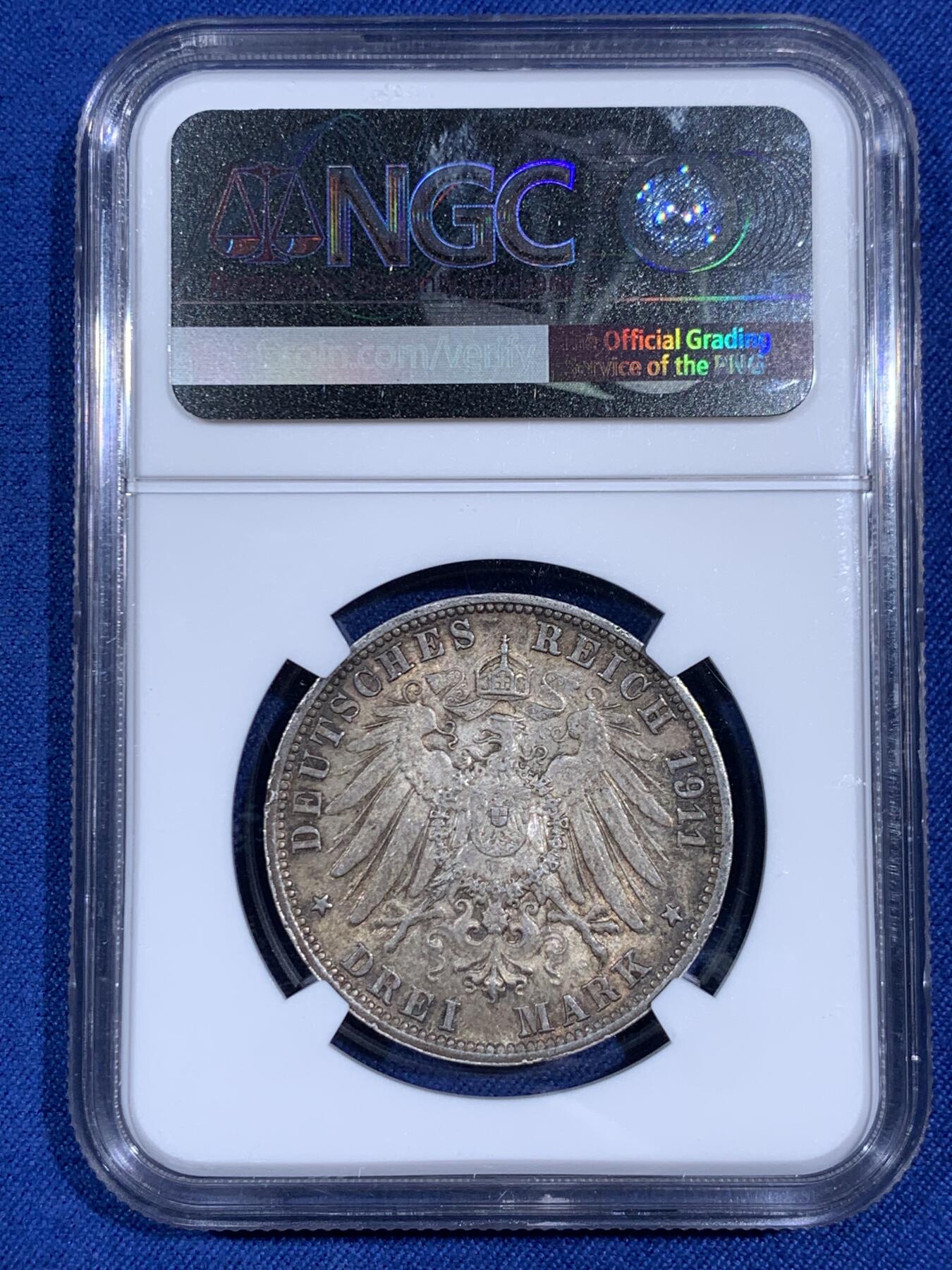 《竞宝斋》第474场 周日，周一 2场连拍 （全场包邮）欢迎送拍 NGC MS63 德国1911年符腾堡银婚3马克银币，双面均匀老包浆，转光好品。