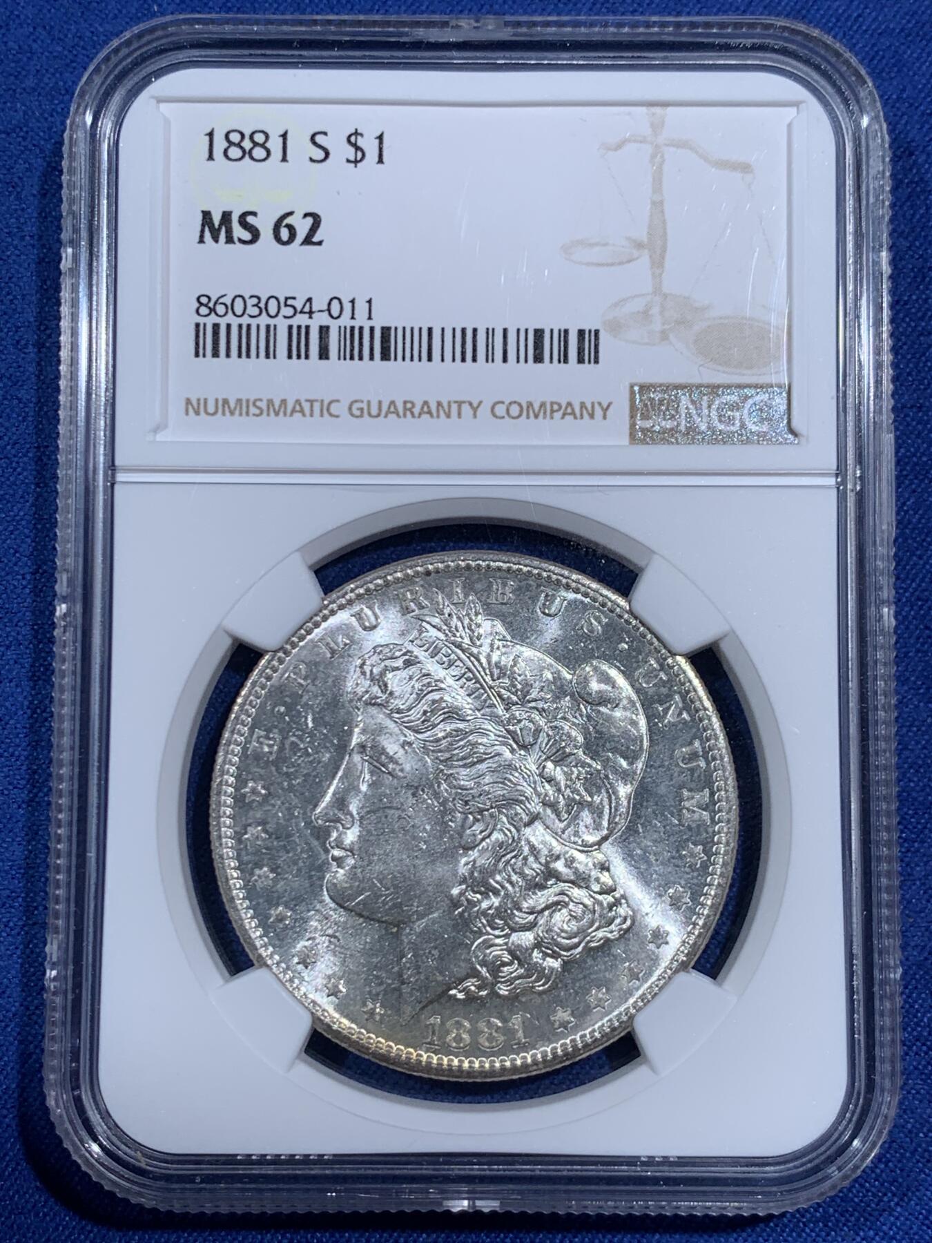 《竞宝斋》第474场 周日，周一 2场连拍 （全场包邮）欢迎送拍 NGC MS62 美国1881年摩根1美元银币