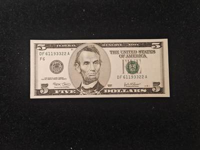美国纸币 2003年（无A版）黑白大头 5美元 无47 靓号 全新UNC - 美国纸币 2003年（无A版）黑白大头 5美元 无47 靓号 全新UNC