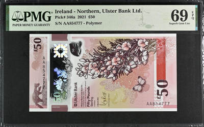【礼羽收藏】🌏世界钱币拍卖第130期 - 北爱尔兰50镑 阿尔斯特银行 2021年 首发AA冠+豹子777 PMG69超高分 亚军分