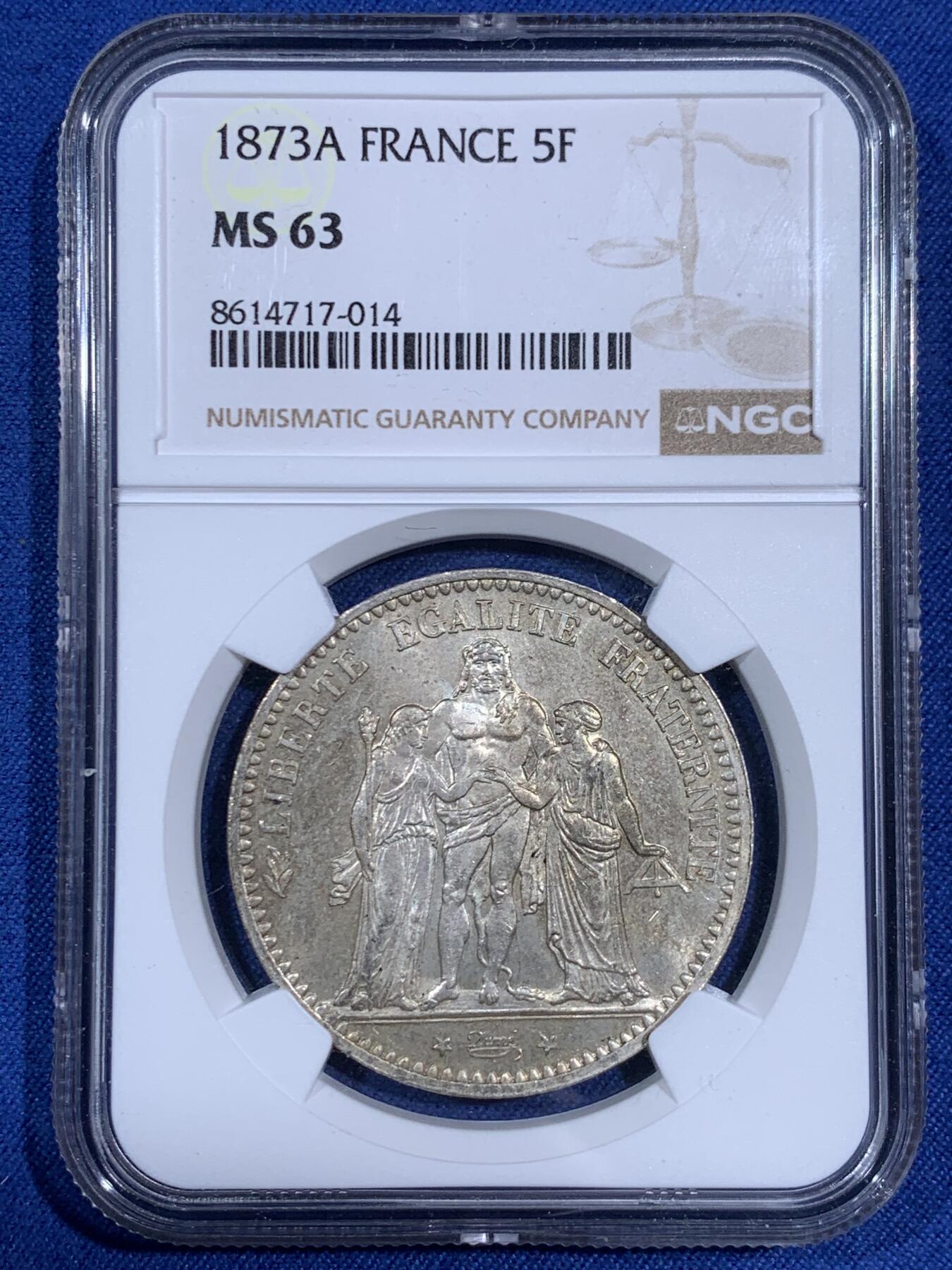 《竞宝斋》第474场 周日，周一 2场连拍 （全场包邮）欢迎送拍 NGC MS63 法兰西第三共和国1873A大力神5法郎银币，经典品种，高分藏品！