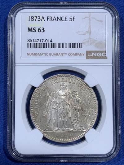 《竞宝斋》第474场 周日，周一 2场连拍 （全场包邮）欢迎送拍 - NGC MS63 法兰西第三共和国1873A大力神5法郎银币，经典品种，高分藏品！