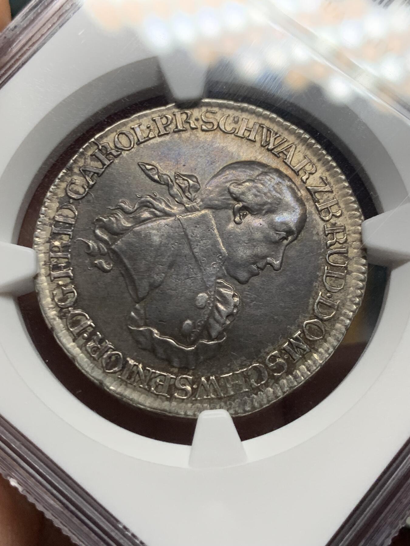 《竞宝斋》第474场 周日，周一 2场连拍 （全场包邮）欢迎送拍 NGC AU50 德国 1791年 施瓦茨堡-鲁多尔施塔特公国  弗里德里希·卡尔 1/2泰勒银币 高点清晰 些许低评 很难见到的品种