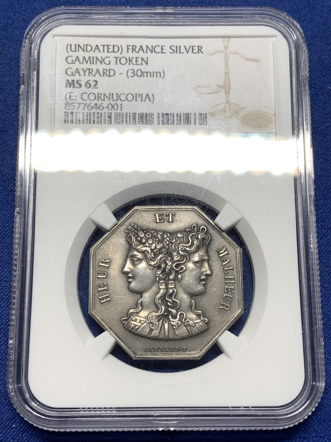 《竞宝斋》第474场 周日，周一 2场连拍 （全场包邮）欢迎送拍 NGC MS62 双面神八角银质代币，丰饶角边铭，“商业促进繁荣”，热门品种。