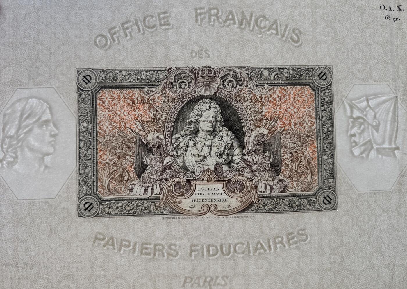 2026第5场（总第232期）：精品测试钞、外钞综合场 法国DES 1938年版“路易十四”广告宣传测试钞原版大尺寸含人像水印（右边不平整）