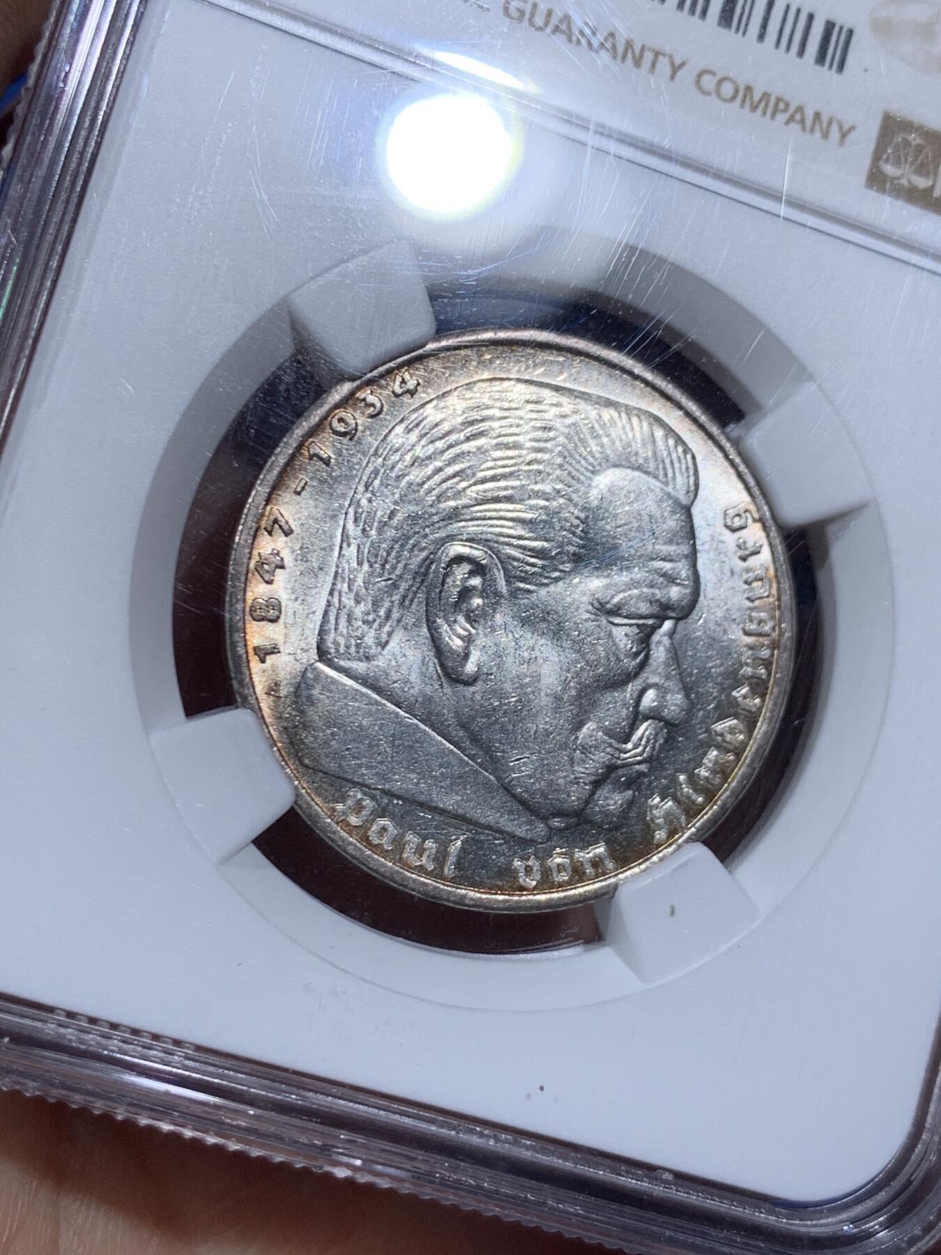 《竞宝斋》第474场 周日，周一 2场连拍 （全场包邮）欢迎送拍 NGC MS62 德国1939A兴登堡头像5马克银币