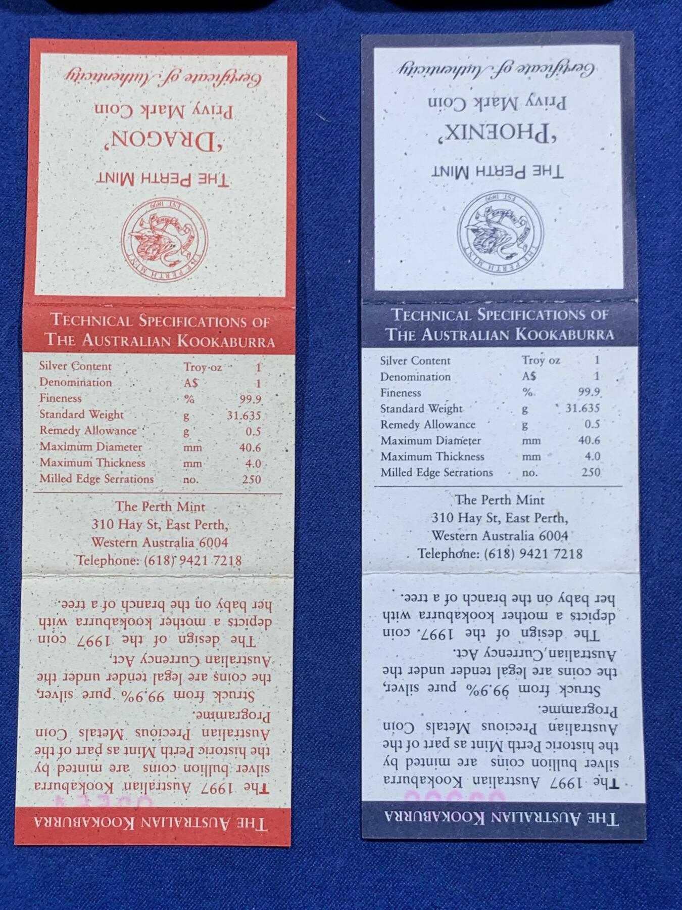 《竞宝斋》第474场 周日，周一 2场连拍 （全场包邮）欢迎送拍 两枚一组 澳大利亚 1997年 笑翠鸟 金龙/金凤镶嵌银币 每枚含纯银1盎司999银（镶嵌部分重约0.5克黄金）