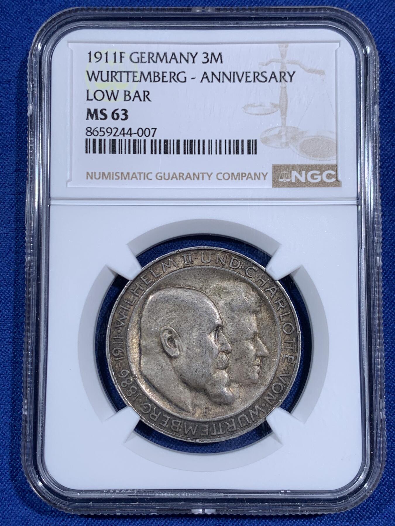《竞宝斋》第474场 周日，周一 2场连拍 （全场包邮）欢迎送拍 NGC MS63 德国1911年符腾堡银婚3马克银币，双面均匀老包浆，转光好品。