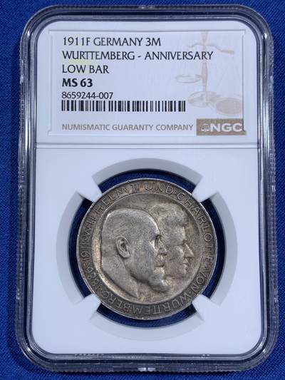 《竞宝斋》第474场 周日，周一 2场连拍 （全场包邮）欢迎送拍 - NGC MS63 德国1911年符腾堡银婚3马克银币，双面均匀老包浆，转光好品。