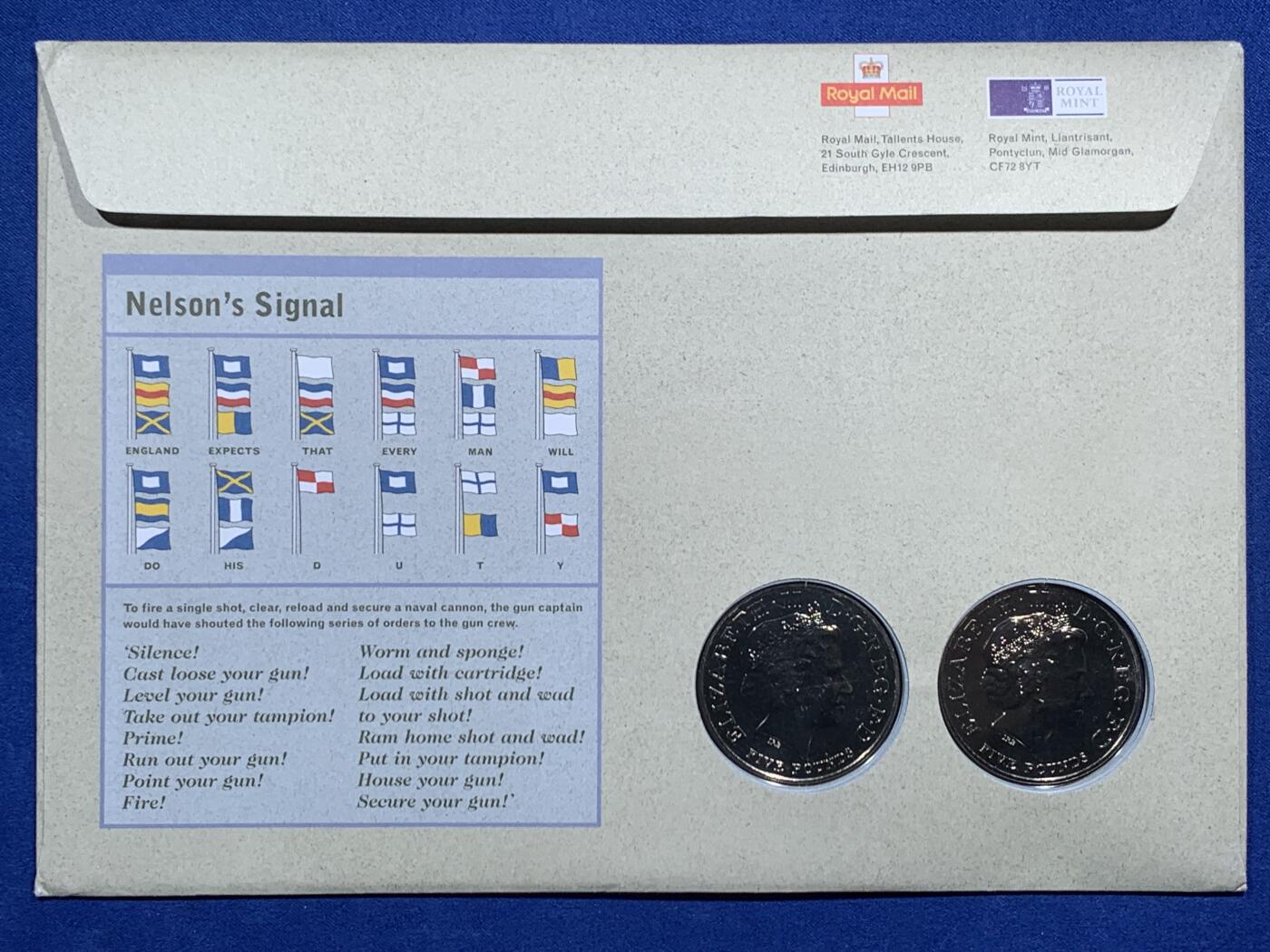 《竞宝斋》第474场 周日，周一 2场连拍 （全场包邮）欢迎送拍 英国2005年为纪念纳尔逊将军逝世及特拉法尔加海战200周年而发行的邮币封，含两枚5镑纪念币。