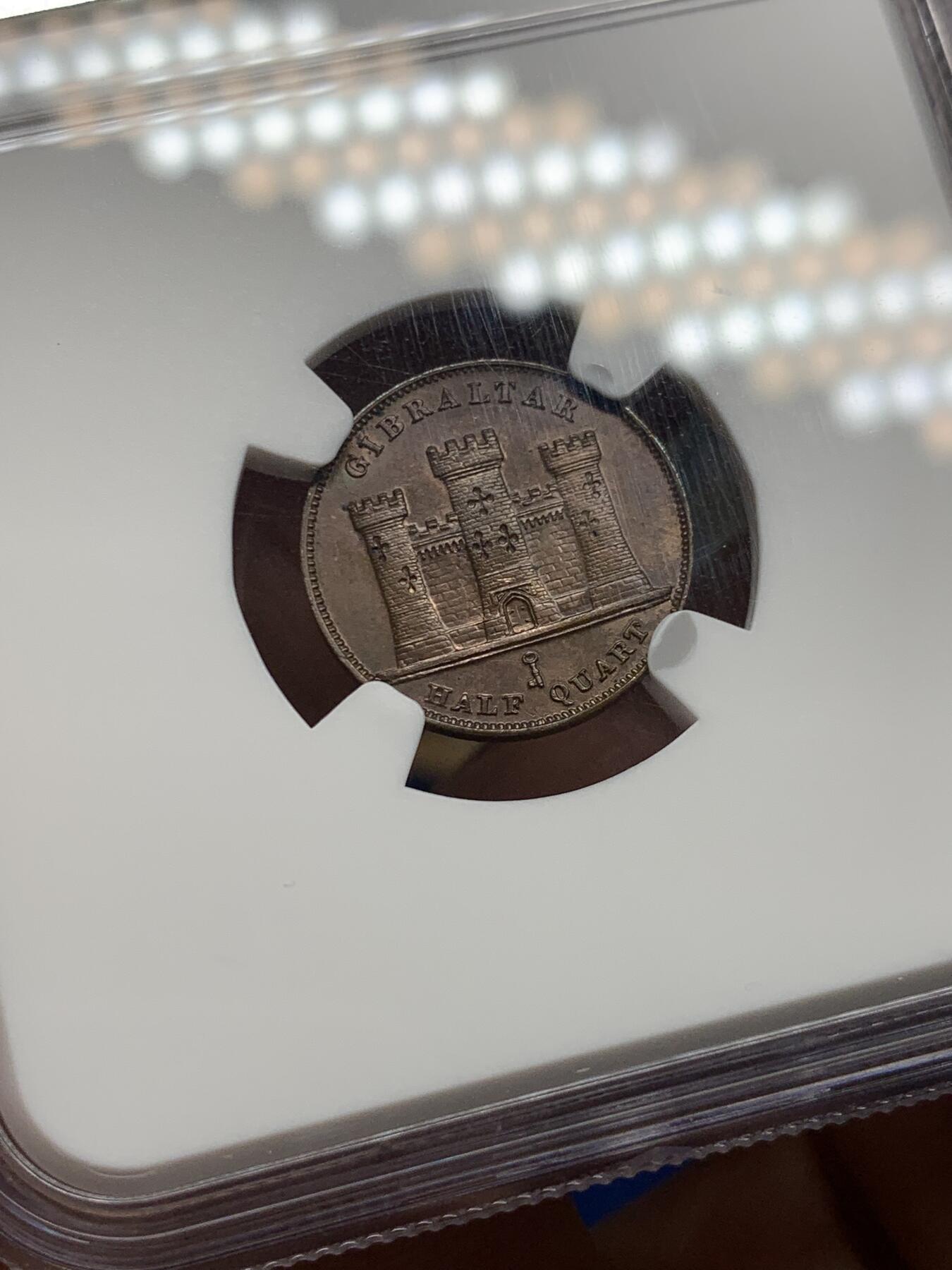 《竞宝斋》第474场 周日，周一 2场连拍 （全场包邮）欢迎送拍 亚军分 NGC  MS63BN 直布罗陀 1842 小维 1/2QUART铜币 稀见品种