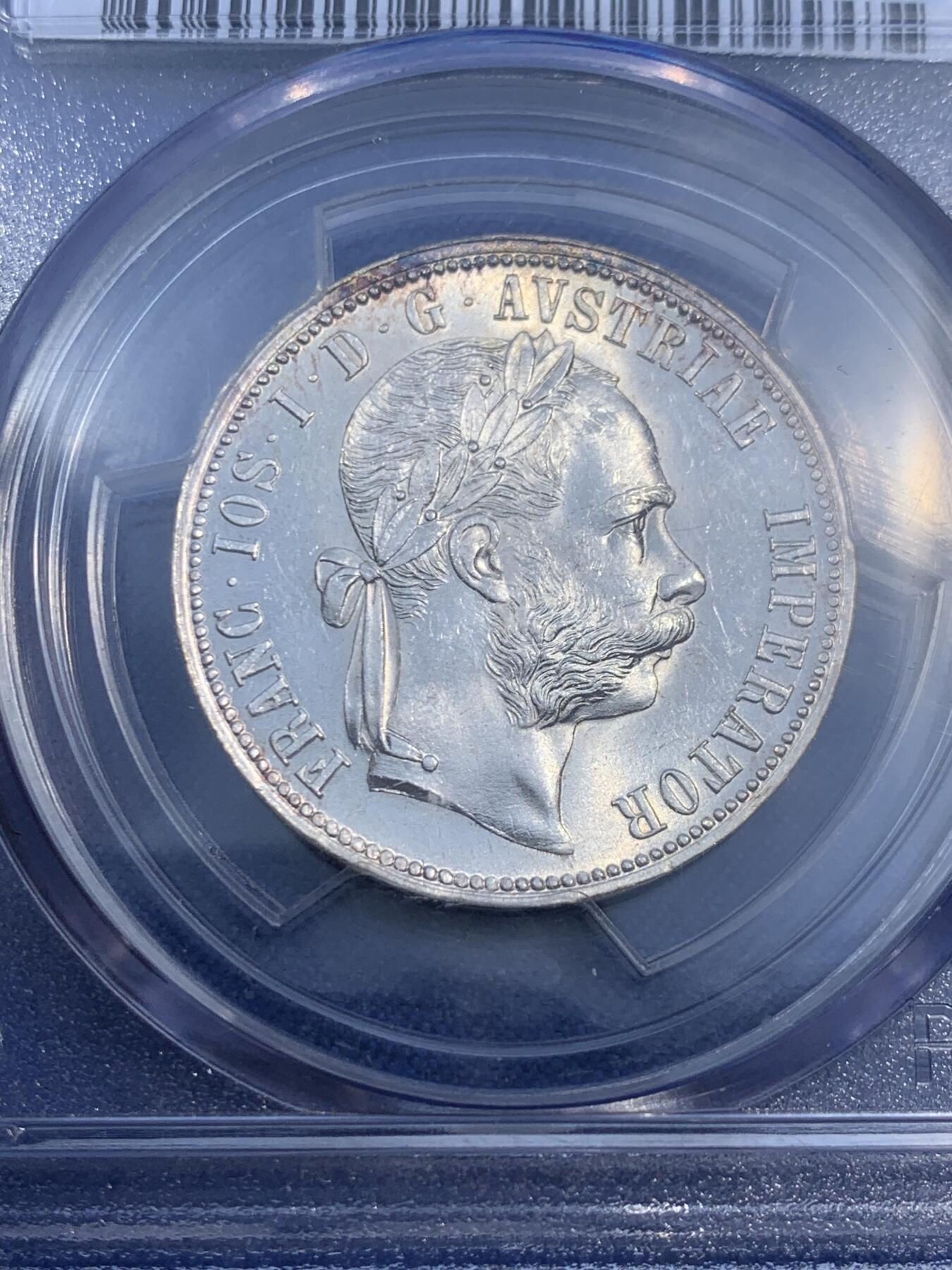 《竞宝斋》第474场 周日，周一 2场连拍 （全场包邮）欢迎送拍 PCGS MS63 奥匈帝国1890年弗朗茨二世1福林银币 老盒子严评，这个年份也不常见，整体状态极好