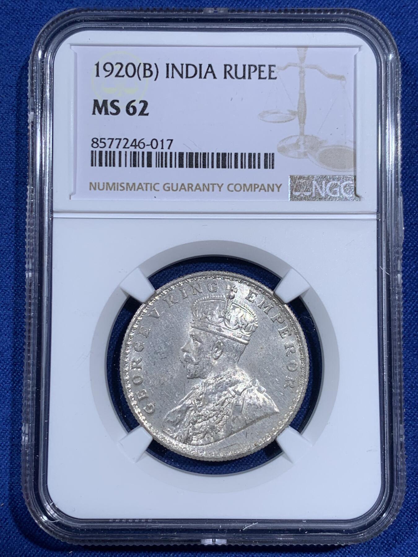 《竞宝斋》第474场 周日，周一 2场连拍 （全场包邮）欢迎送拍 NGC MS62 英属印度1920年乔治五世1卢比银币