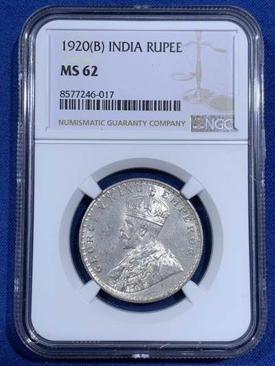 《竞宝斋》第474场 周日，周一 2场连拍 （全场包邮）欢迎送拍 - NGC MS62 英属印度1920年乔治五世1卢比银币
