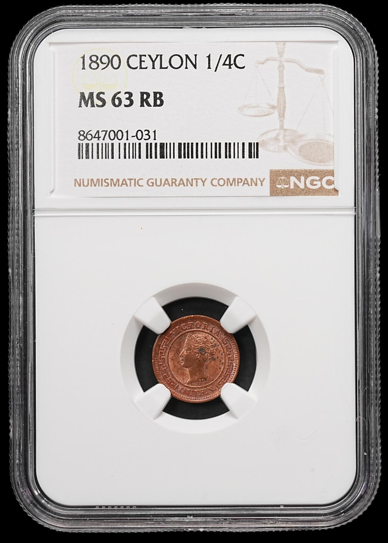修遠堂世界钱币第109期 NGC MS63RB 1890年英属锡兰1/4分铜币