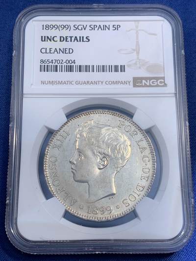 《竞宝斋》第474场 周日，周一 2场连拍 （全场包邮）欢迎送拍 - NGC UNCD 西班牙1899年阿方索少年头5比塞塔银币