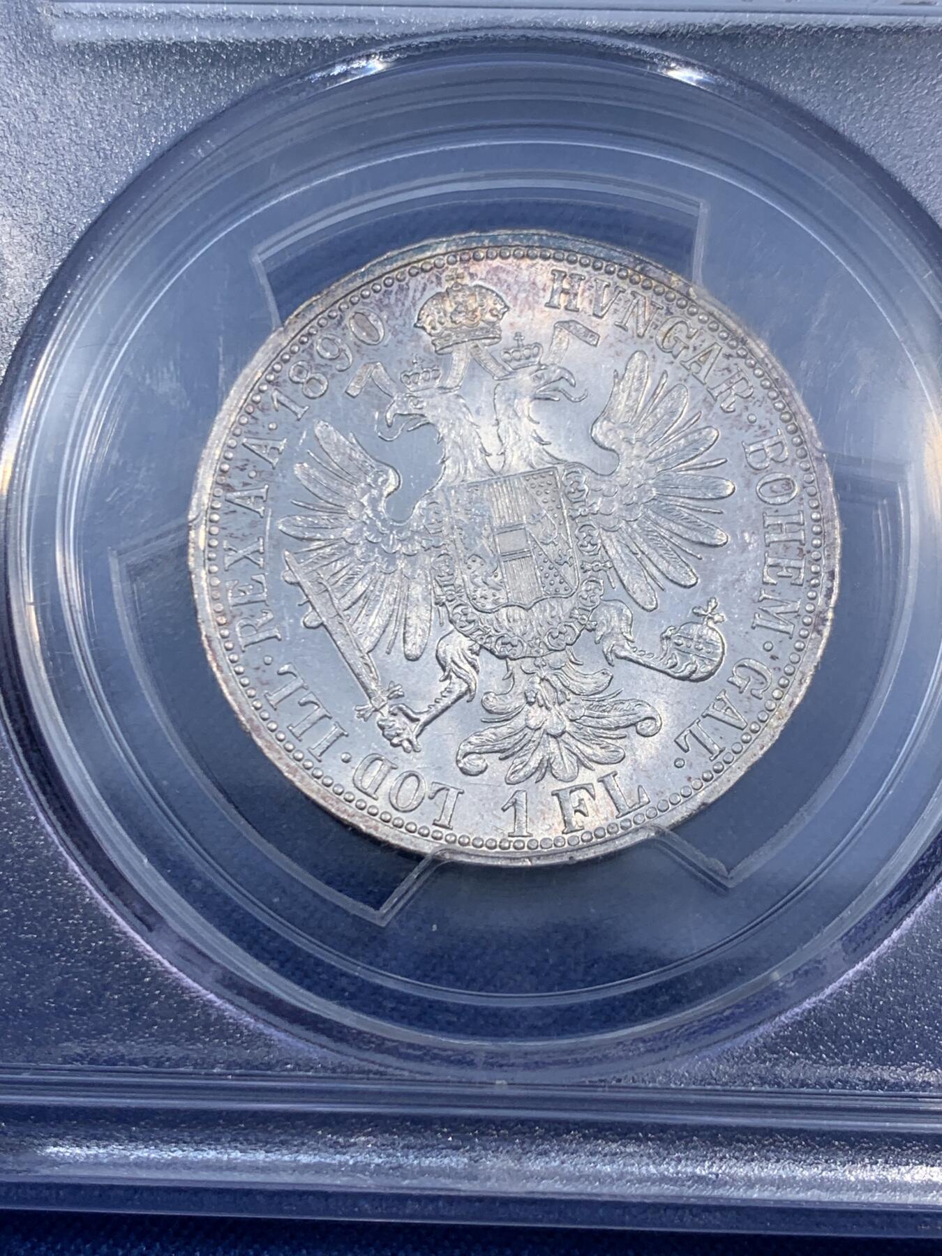 《竞宝斋》第474场 周日，周一 2场连拍 （全场包邮）欢迎送拍 PCGS MS63 奥匈帝国1890年弗朗茨二世1福林银币 老盒子严评，这个年份也不常见，整体状态极好