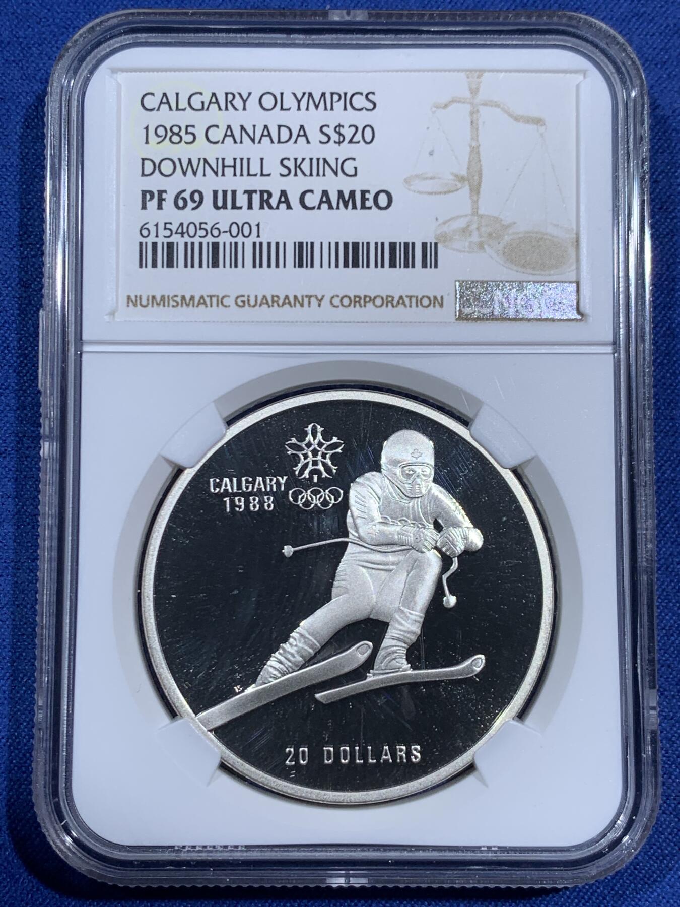 《竞宝斋》第474场 周日，周一 2场连拍 （全场包邮）欢迎送拍 NGC PF69UC 加拿大1985年卡尔加里冬奥会滑雪银币，克劳斯获奖币