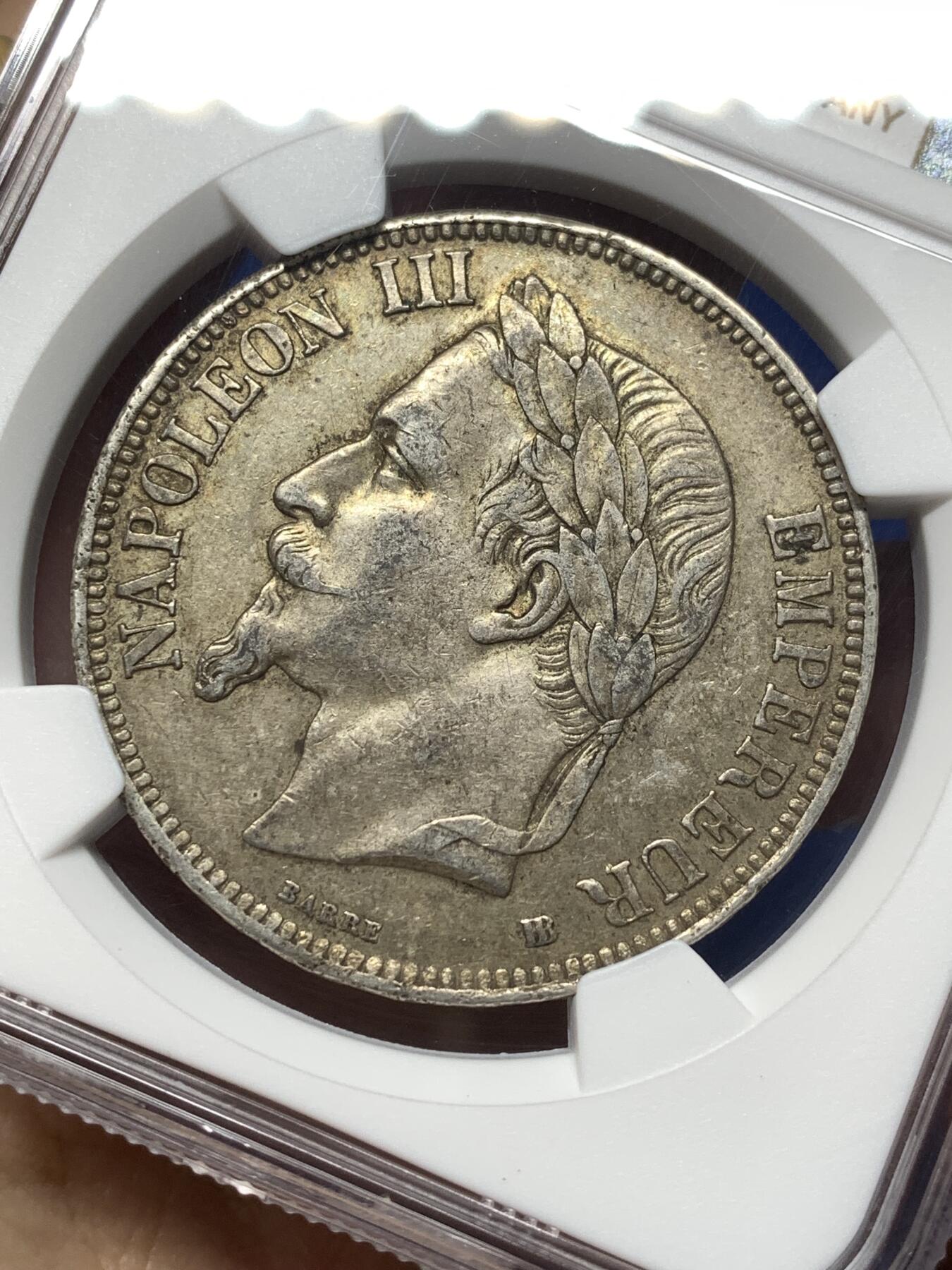 《竞宝斋》第474场 周日，周一 2场连拍 （全场包邮）欢迎送拍 NGC XF45 法国1869年BB厂拿破仑三世5法郎银币