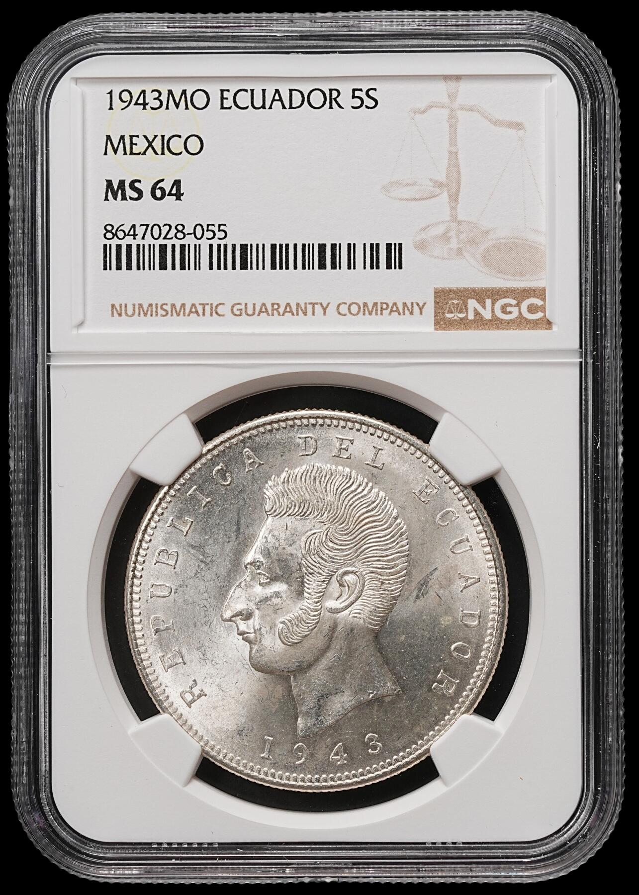 修遠堂世界钱币第109期 NGC MS64 1943年厄瓜多尔5 苏克雷大银币