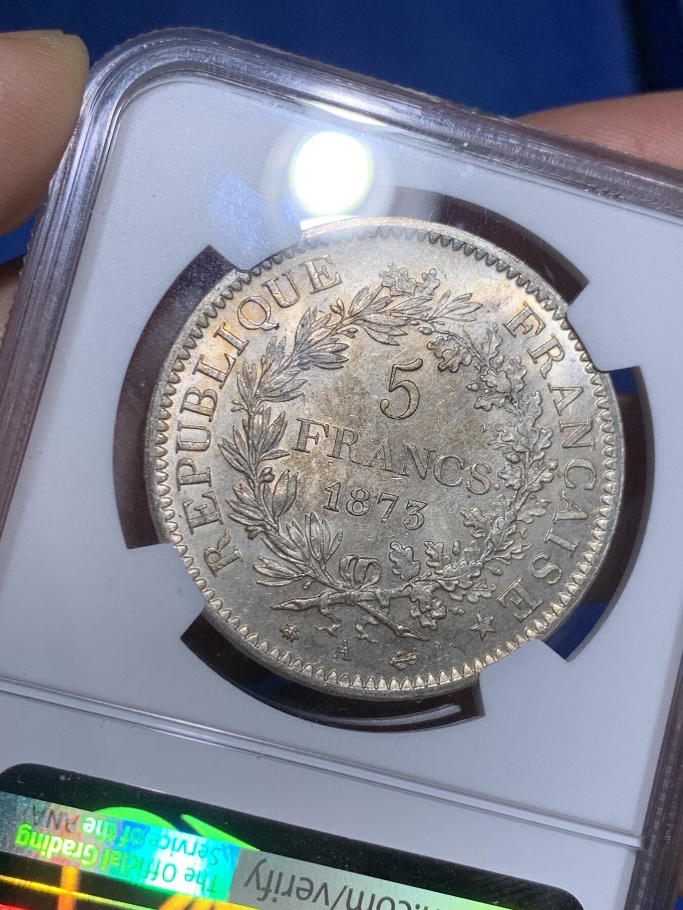 《竞宝斋》第474场 周日，周一 2场连拍 （全场包邮）欢迎送拍 NGC MS63 法兰西第三共和国1873A大力神5法郎银币，经典品种，高分藏品！