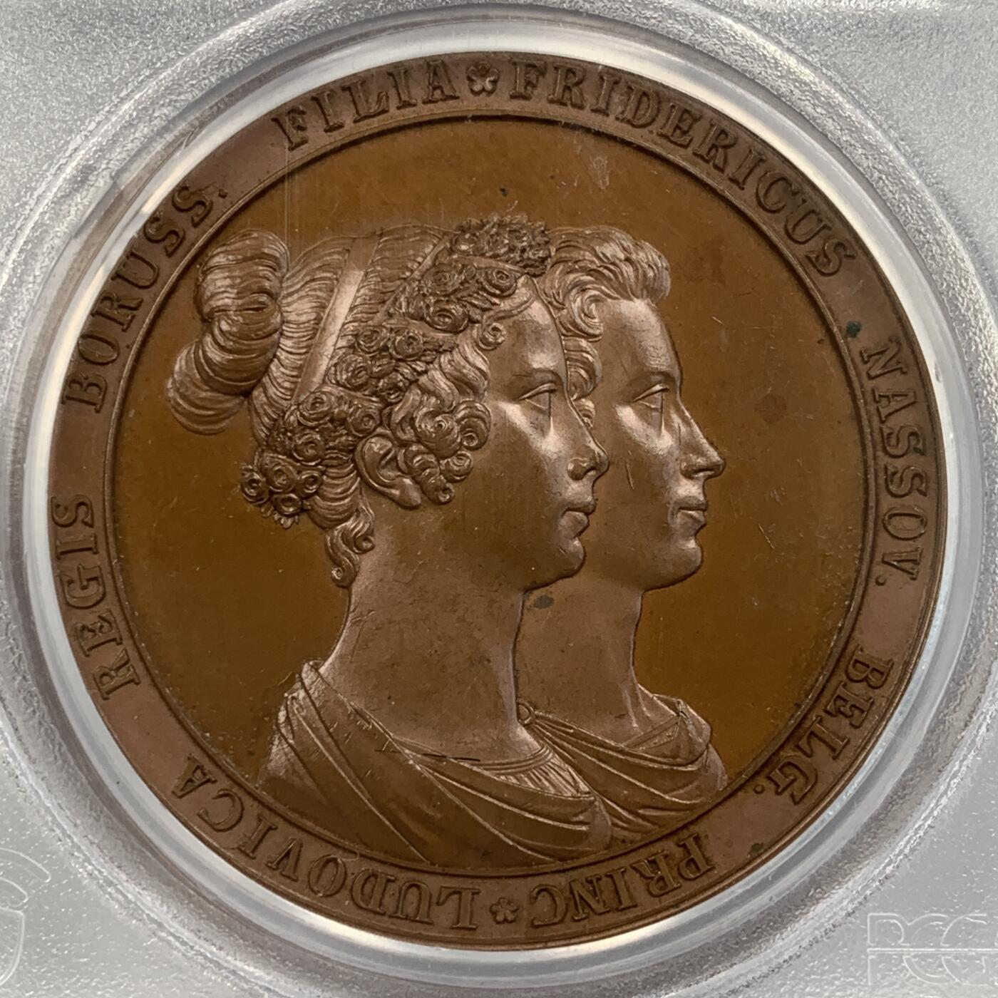 掌中浮雕-藏着的欧洲第056场 PCGS SP64 ：1825年荷兰王子弗雷德里克结婚铜章，42mm，Gubed雕刻