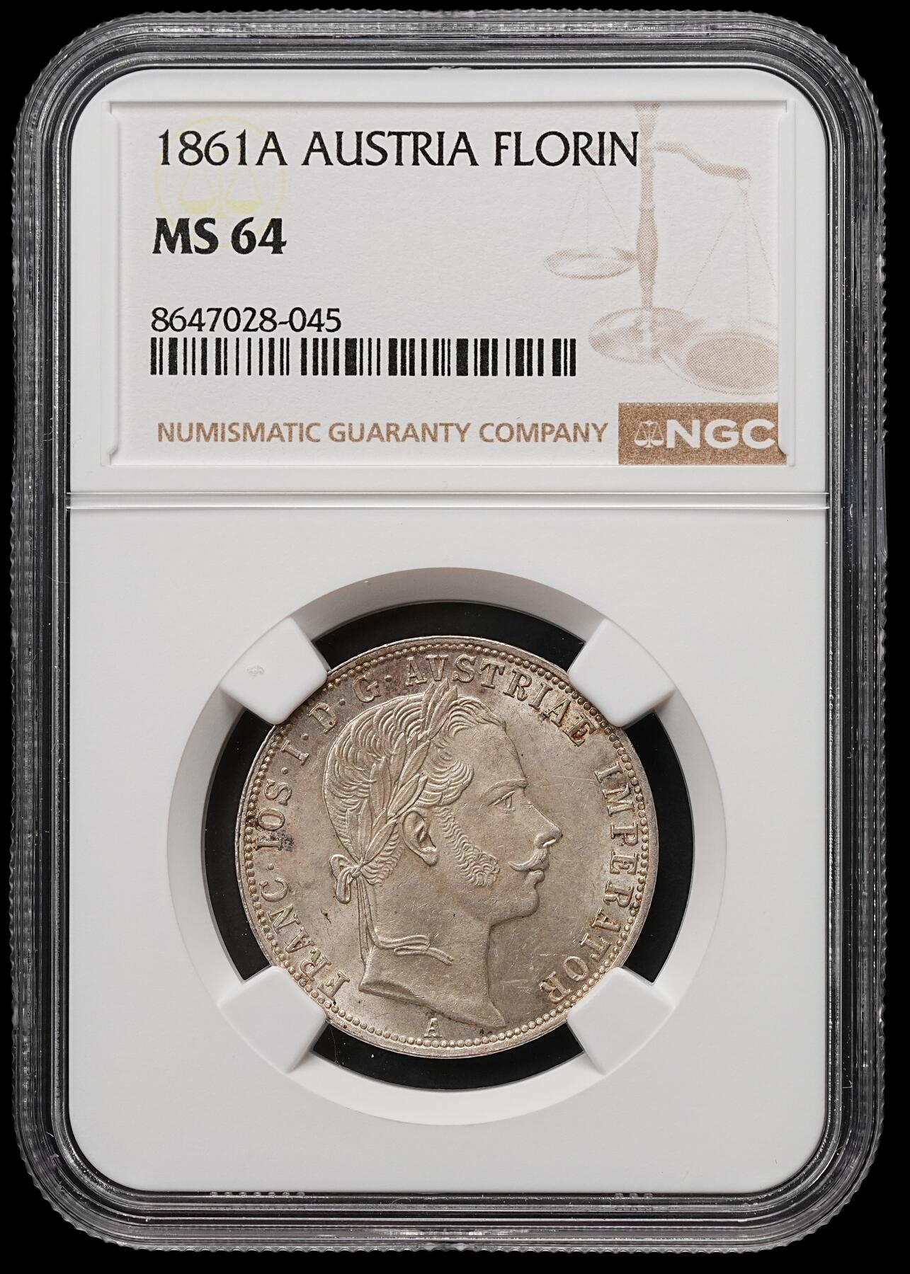 修遠堂世界钱币第109期 NGC MS64 1861年奥匈帝国-奥地利1弗罗林银币