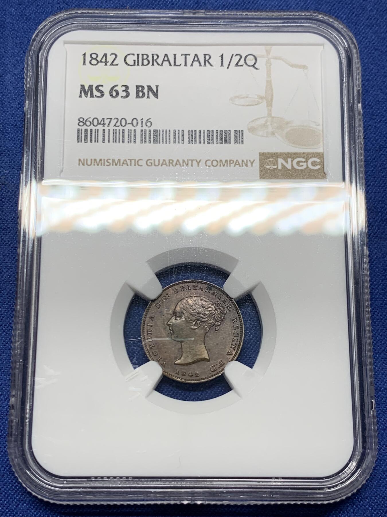 《竞宝斋》第474场 周日，周一 2场连拍 （全场包邮）欢迎送拍 亚军分 NGC  MS63BN 直布罗陀 1842 小维 1/2QUART铜币 稀见品种