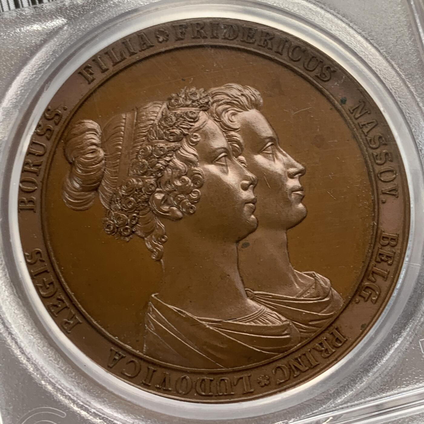 掌中浮雕-藏着的欧洲第056场 PCGS SP64 ：1825年荷兰王子弗雷德里克结婚铜章，42mm，Gubed雕刻