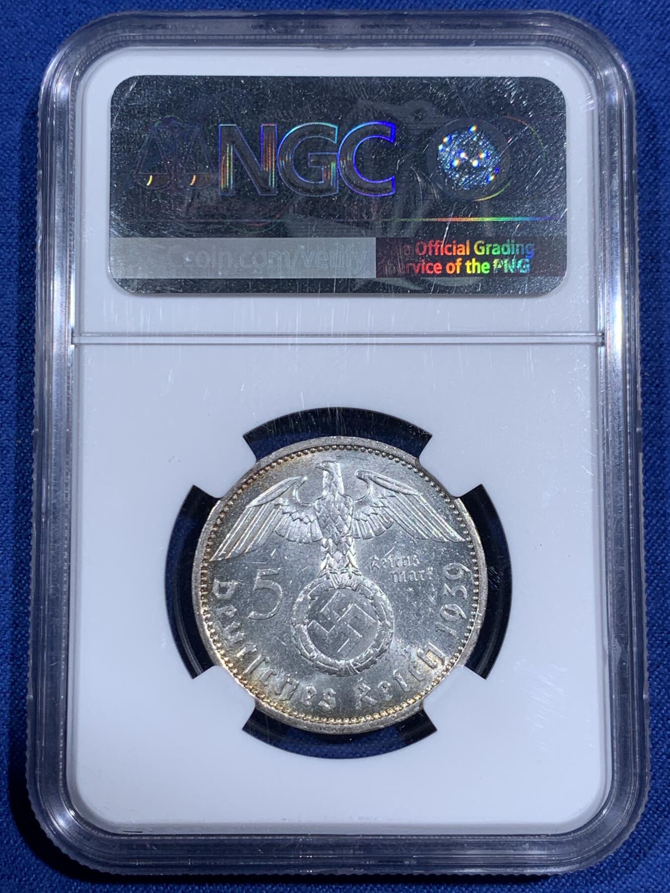 《竞宝斋》第474场 周日，周一 2场连拍 （全场包邮）欢迎送拍 NGC MS62 德国1939A兴登堡头像5马克银币