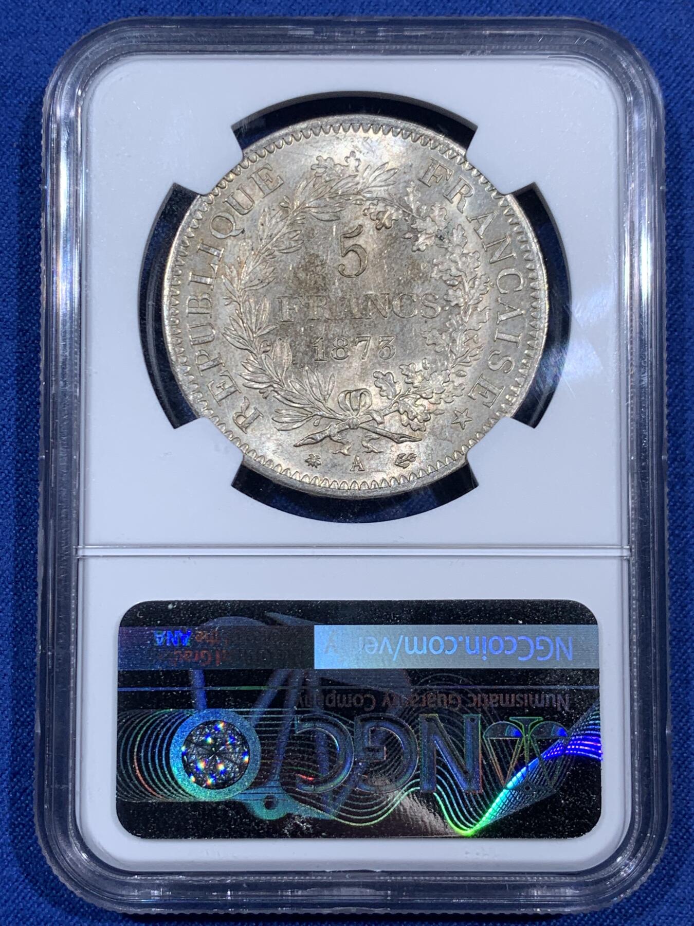 《竞宝斋》第474场 周日，周一 2场连拍 （全场包邮）欢迎送拍 NGC MS63 法兰西第三共和国1873A大力神5法郎银币，经典品种，高分藏品！