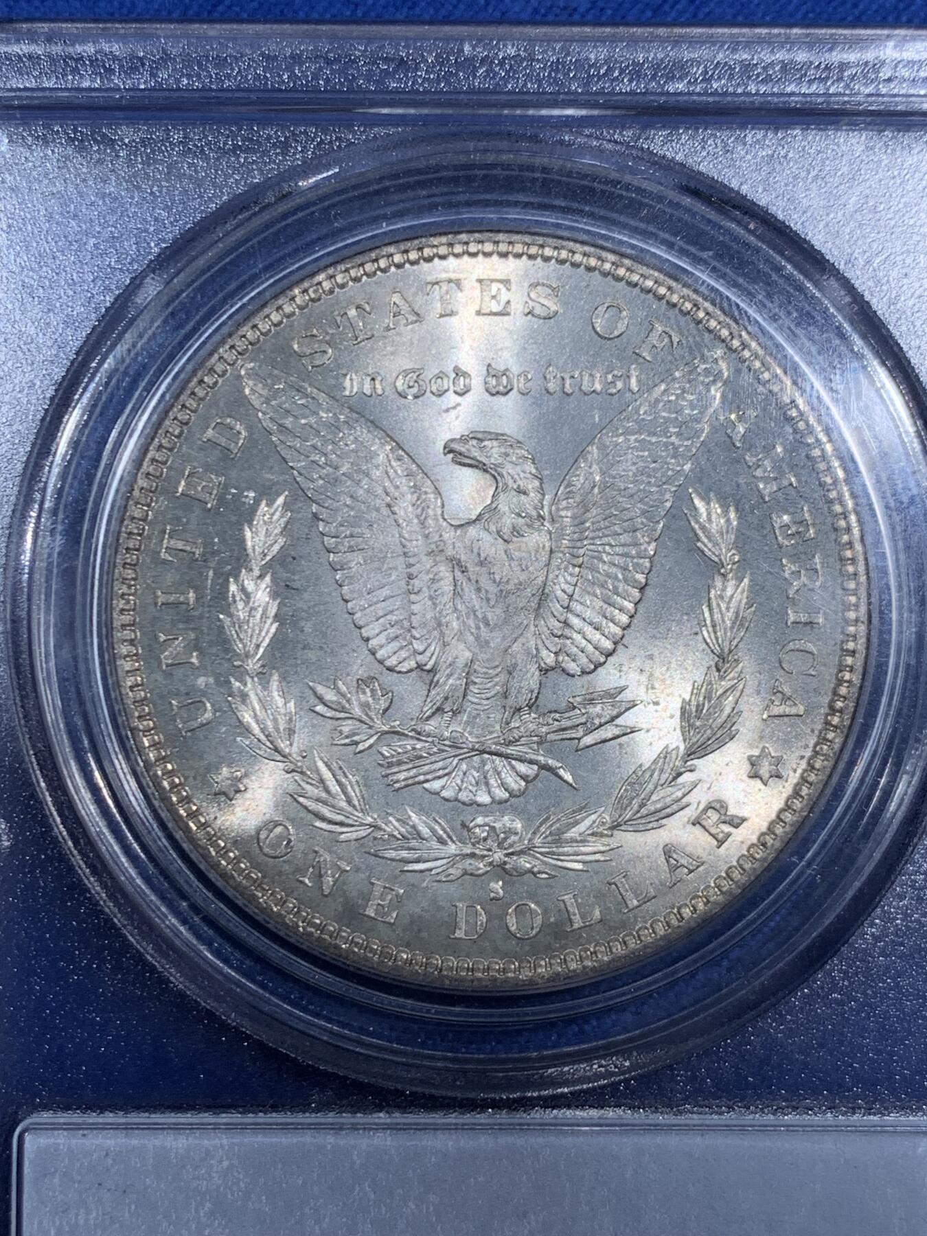 《竞宝斋》第474场 周日，周一 2场连拍 （全场包邮）欢迎送拍 PCGS MS62 美国1882-S摩根1美元银币，经典品种，打制深峻，霜感转光强烈，老盒严评！