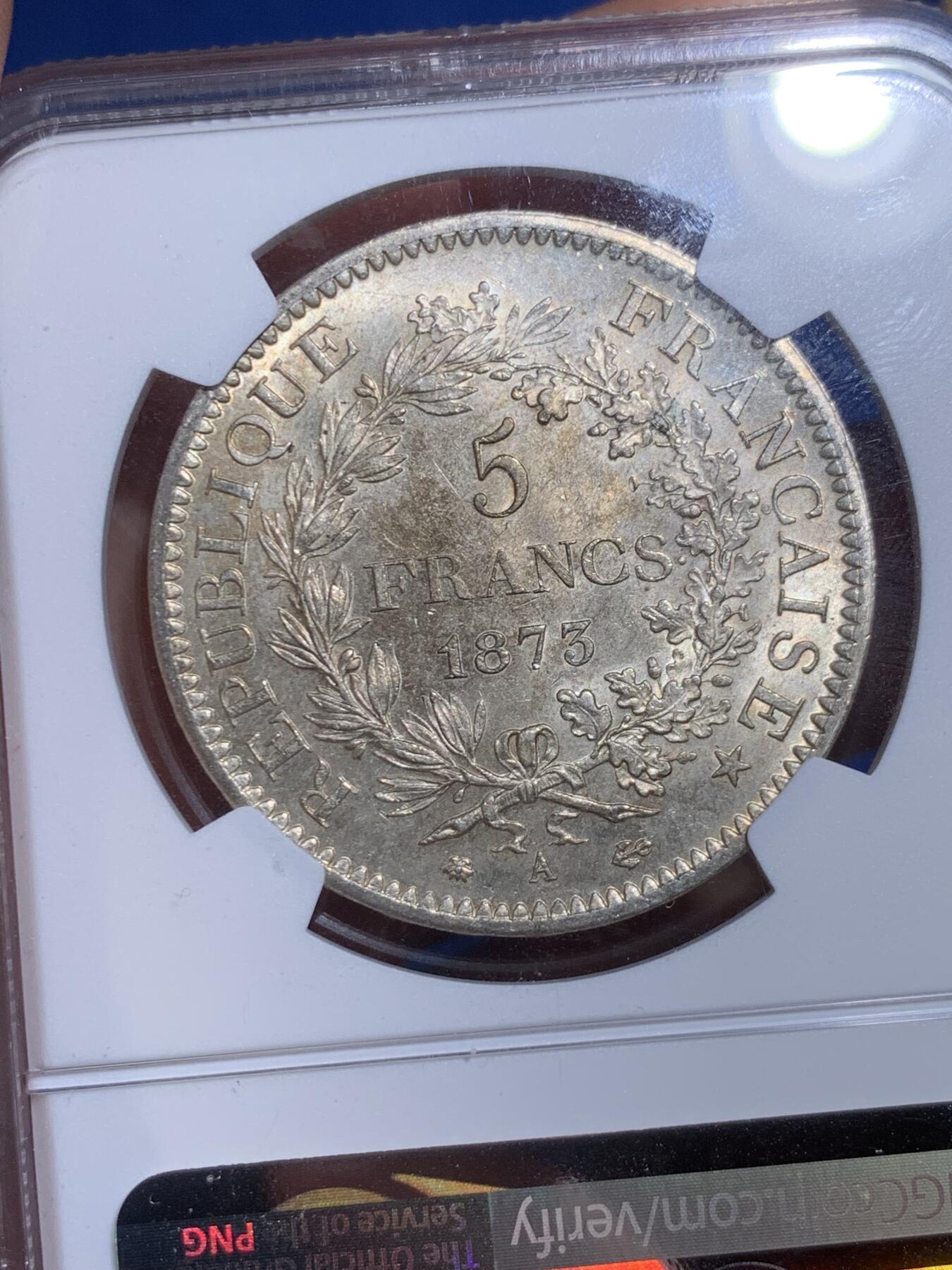 《竞宝斋》第474场 周日，周一 2场连拍 （全场包邮）欢迎送拍 NGC MS63 法兰西第三共和国1873A大力神5法郎银币，经典品种，高分藏品！