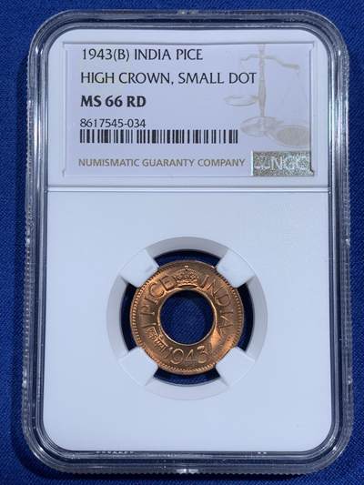 《竞宝斋》第474场 周日，周一 2场连拍 （全场包邮）欢迎送拍 - NGC MS66RD 英属印度 1943年 1PICE 中孔铜币 亚军分