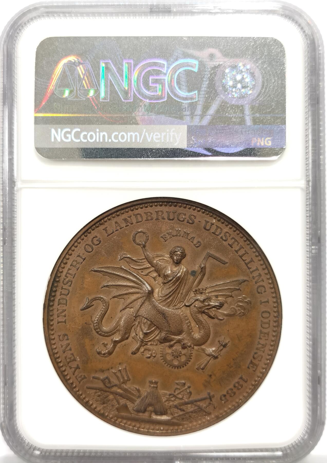 博洋堂“芳菲春韵”3月精品大拍专场暨第166期（全场包邮） NGC MS63BN 丹麦1885年欧登塞工业与农业展览会纪念铜章