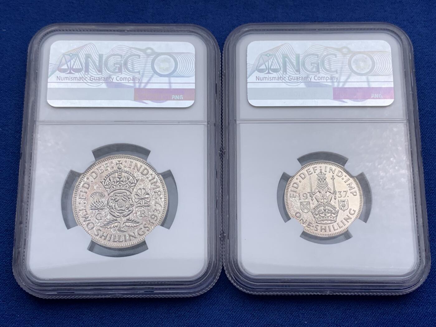 《竞宝斋》第474场 周日，周一 2场连拍 （全场包邮）欢迎送拍 11枚一组 含7枚银币 NGC PF62-65 英国1937年乔六首年1/4P-1克朗精制币