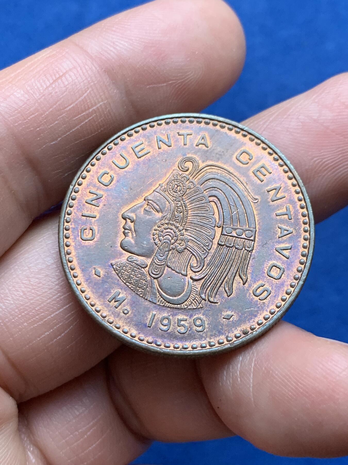 《竞宝斋》第474场 周日，周一 2场连拍 （全场包邮）欢迎送拍 墨西哥1959Mo大酋长50分铜币