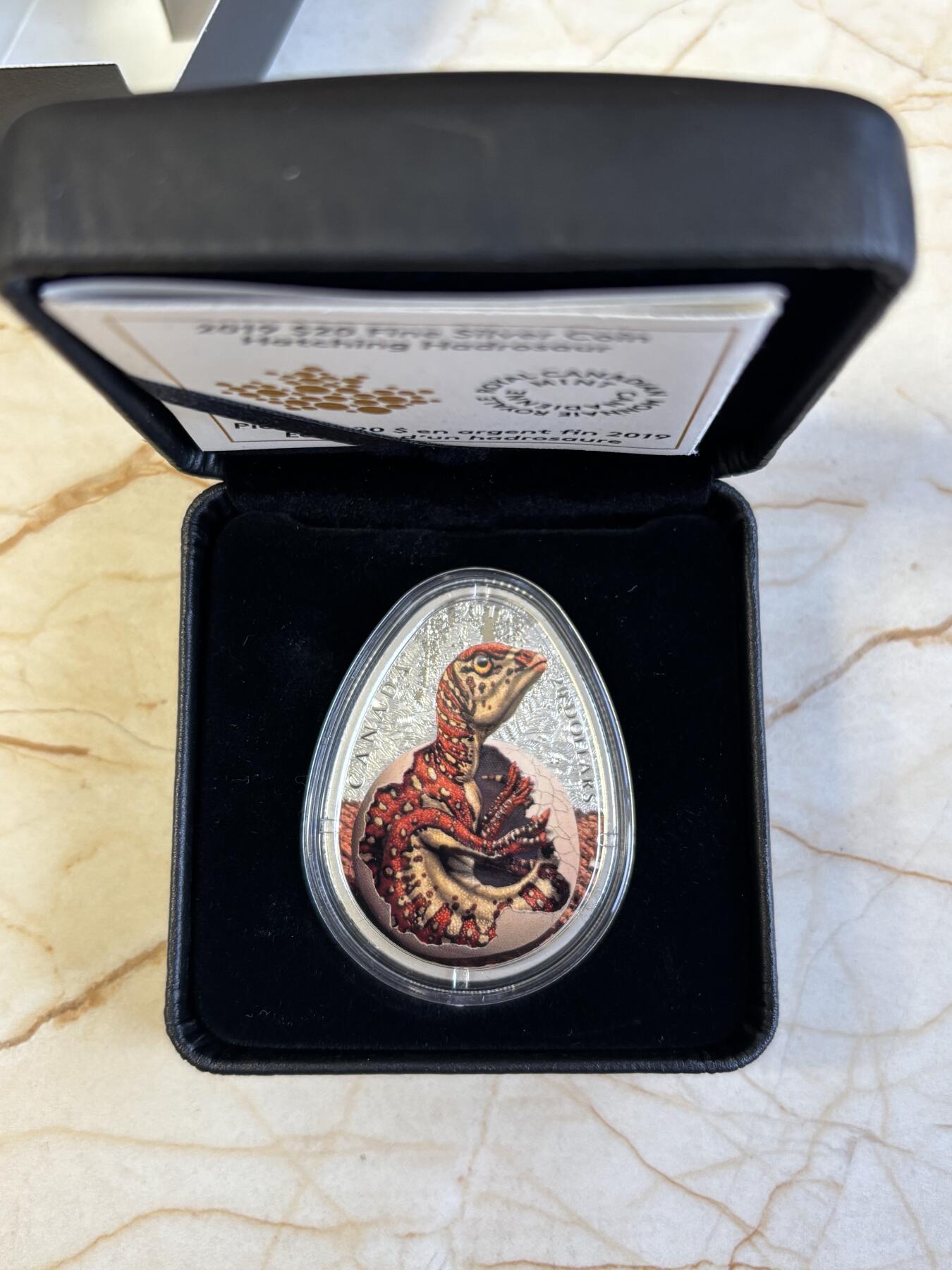 第195期拍卖 加拿大2019年恐龙蛋鸭嘴龙夜光1盎司纪念银币，9999银，发行4000枚