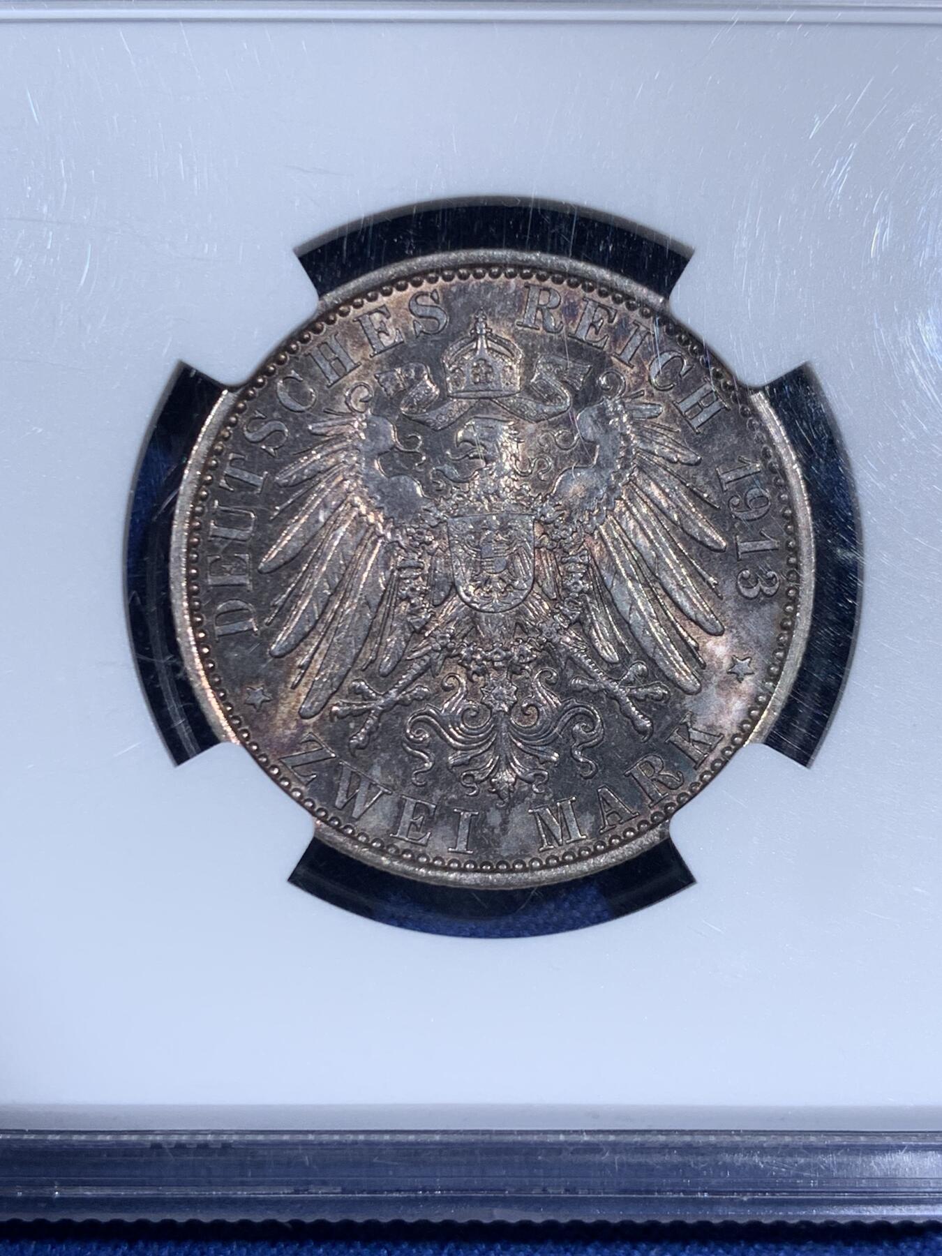 《竞宝斋》第474场 周日，周一 2场连拍 （全场包邮）欢迎送拍 NGC MS64 德国1913年普鲁士威廉二世执政25周年纪念2马克银币 高分